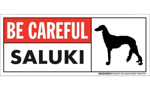 画像1: [MAGSIGN] サルーキ マグネット＆ステッカー (犬)気を付けて 英語 BE CAREFUL SALUKI 対象:車(ドア/ガラス/ボディ)・屋外(玄関扉/窓ガラス/メールポスト) 日本製 (1)
