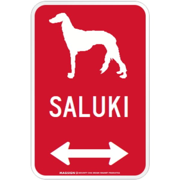 画像1: SALUKI [MAGSIGN] シルエット＆矢印 アメリカン道路標識 英語犬種名 マグネット/ステッカー：レッド (1)