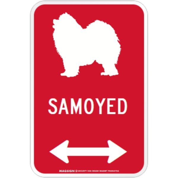 画像1: SAMOYED [MAGSIGN] シルエット＆矢印 アメリカン道路標識 英語犬種名 マグネット/ステッカー：レッド (1)