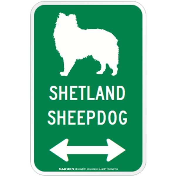 画像1: SHETLAND SHEEPDOG [MAGSIGN] シルエット＆矢印 アメリカン道路標識 英語犬種名 マグネット/ステッカー：グリーン (1)