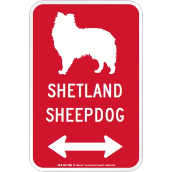 画像1: SHETLAND SHEEPDOG [MAGSIGN] シルエット＆矢印 アメリカン道路標識 英語犬種名 マグネット/ステッカー：レッド (1)