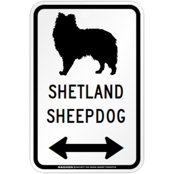 画像1: SHETLAND SHEEPDOG [MAGSIGN] シルエット＆矢印 アメリカン道路標識 英語犬種名 マグネット/ステッカー：ホワイト (1)