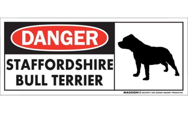 画像1: [MAGSIGN] STAFFORDSHIRE BULL TERRIER マグネット＆ステッカー 英語 危ない 危険 DANGER STAFFORDSHIRE BULL TERRIER 対象:車(ドア/ガラス/ボディ)・屋外(玄関扉/窓ガラス/メールポスト) 日本製 (1)