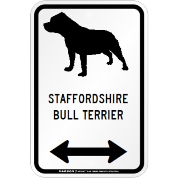 画像1: STAFFORDSHIRE BULL TERRIER [MAGSIGN] シルエット＆矢印 アメリカン道路標識 英語犬種名 マグネット/ステッカー：ホワイト (1)