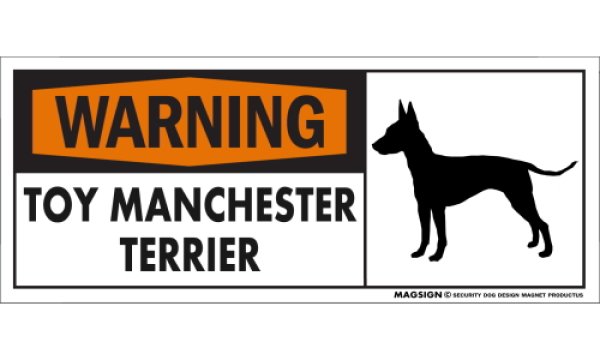 画像1: [MAGSIGN] トイマンチェスターテリア 注意警告マグネット＆ステッカー(黒オレンジ色) 英語 WARNING TOY MANCHESTER TERRIER 対象:車(ドア/ガラス/ボディ)・屋外(玄関扉/窓ガラス/メールポスト) 日本製 (1)