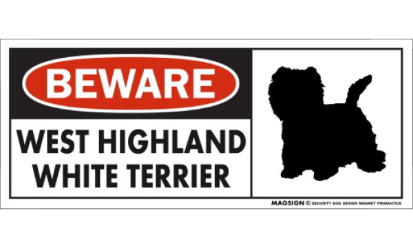 画像1: [MAGSIGN] ウエストハイランドホワイトテリア(ウェスティ) マグネット＆ステッカー 犬 注意 英語 BEWARE WEST HIGHLAND WHITE TERRIER 対象:車(ドア/ガラス/ボディ)・屋外(玄関扉/窓ガラス/メールポスト) 日本製 (1)