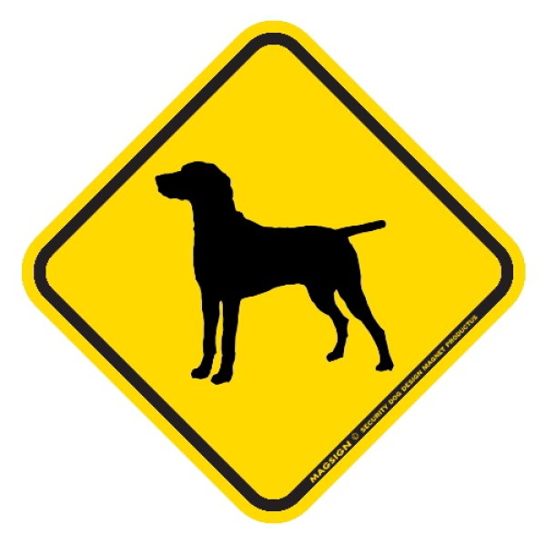 画像1: [MAGSIGN] 犬横断注意/犬飛び出し注意 マグネット＆ステッカー 黄色(イエロー) 車 屋外用(防水/耐水・耐光仕様) 日本製：ワイマラナー (1)