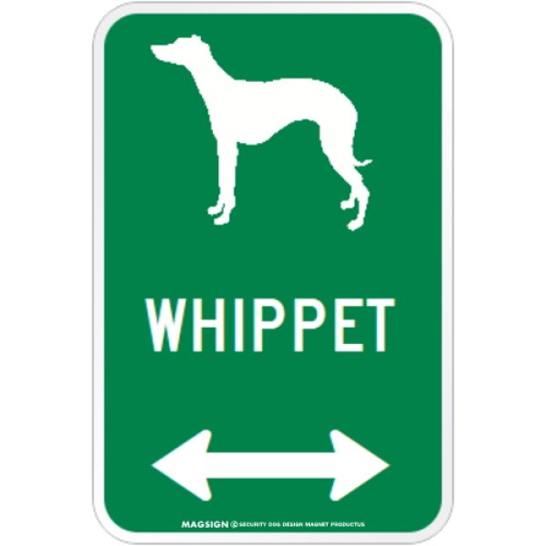 画像1: WHIPPET [MAGSIGN] シルエット＆矢印 アメリカン道路標識 英語犬種名 マグネット/ステッカー：グリーン (1)