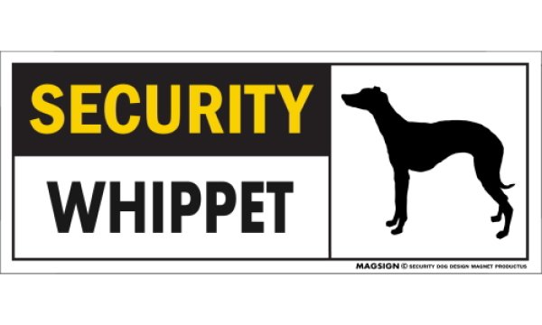 画像1: [MAGSIGN] ウィペット セキュリティーマグネット＆ステッカー 英語 警備 防犯 SECURITY WHIPPET 対象:車(ドア/ガラス/ボディ)・屋外(玄関扉/窓ガラス/メールポスト) 日本製 (1)