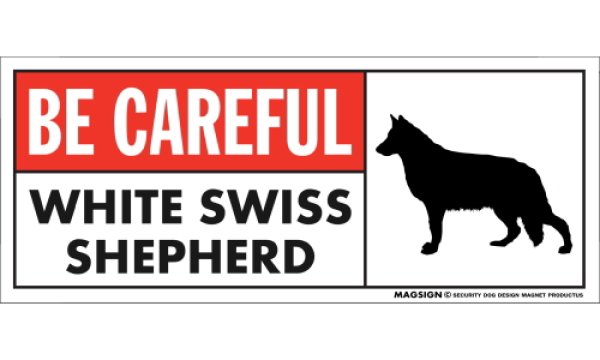 画像1: [MAGSIGN] ホワイトスイスシェパード マグネット＆ステッカー (犬)気を付けて 英語 BE CAREFUL WHITE SWISS SHEPHERD 対象:車(ドア/ガラス/ボディ)・屋外(玄関扉/窓ガラス/メールポスト) 日本製 (1)