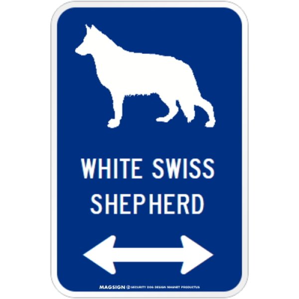 画像1: WHITE SWISS SHEPHERD [MAGSIGN] シルエット＆矢印 アメリカン道路標識 英語犬種名 マグネット/ステッカー：ブルー (1)