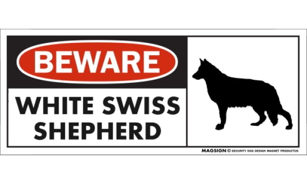 画像1: [MAGSIGN] ホワイトスイスシェパード マグネット＆ステッカー 犬 注意 英語 BEWARE WHITE SWISS SHEPHERD 対象:車(ドア/ガラス/ボディ)・屋外(玄関扉/窓ガラス/メールポスト) 日本製 (1)