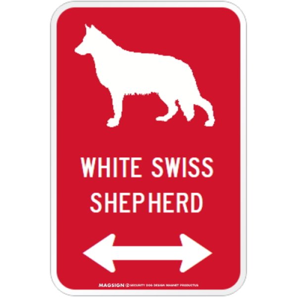 画像1: WHITE SWISS SHEPHERD [MAGSIGN] シルエット＆矢印 アメリカン道路標識 英語犬種名 マグネット/ステッカー：レッド (1)
