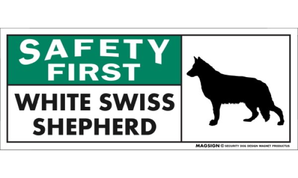 画像1: [MAGSIGN] ホワイトスイスシェパード マグネット＆ステッカー 英語 安全第一 SAFETY FIRST WHITE SWISS SHEPHERD 対象:車(ドア/ガラス/ボディ)・屋外(玄関扉/窓ガラス/メールポスト) 日本製 (1)