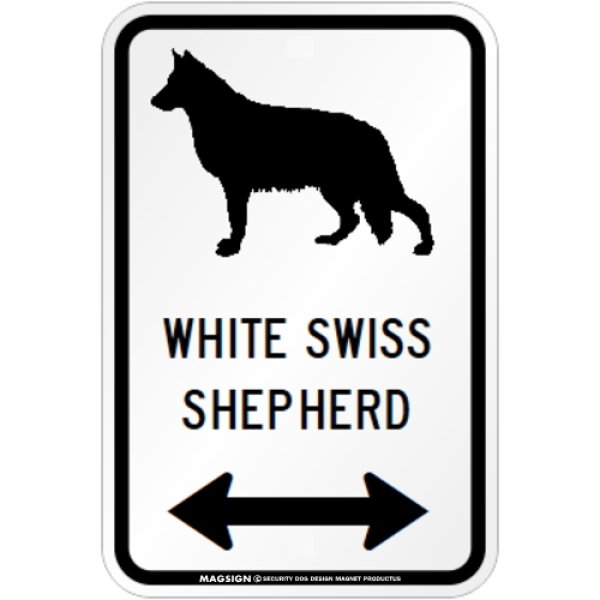 画像1: WHITE SWISS SHEPHERD [MAGSIGN] シルエット＆矢印 アメリカン道路標識 英語犬種名 マグネット/ステッカー：ホワイト (1)