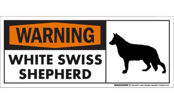 画像1: [MAGSIGN] ホワイトスイスシェパード 注意警告マグネット＆ステッカー(黒オレンジ色) 英語 WARNING WHITE SWISS SHEPHERD 対象:車(ドア/ガラス/ボディ)・屋外(玄関扉/窓ガラス/メールポスト) 日本製 (1)