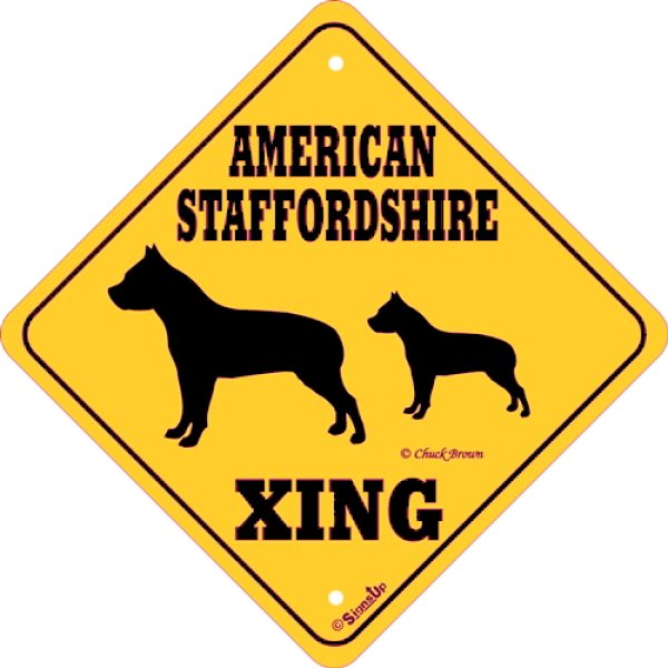 画像1: アメリカンスタッフォードシャー(二頭) 横断注意 英語サインボード アメリカ輸入看板：AMERICAN STAFFORDSHIRE XING [MADE IN U.S.A] (1)