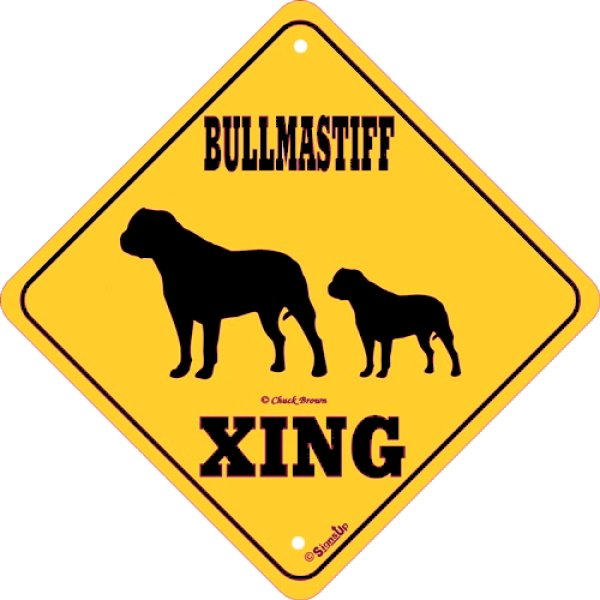 画像1: ブルマスティフ(二頭) 横断注意 英語サインボード アメリカ輸入看板：BULLMASTIFF XING [MADE IN U.S.A] (1)