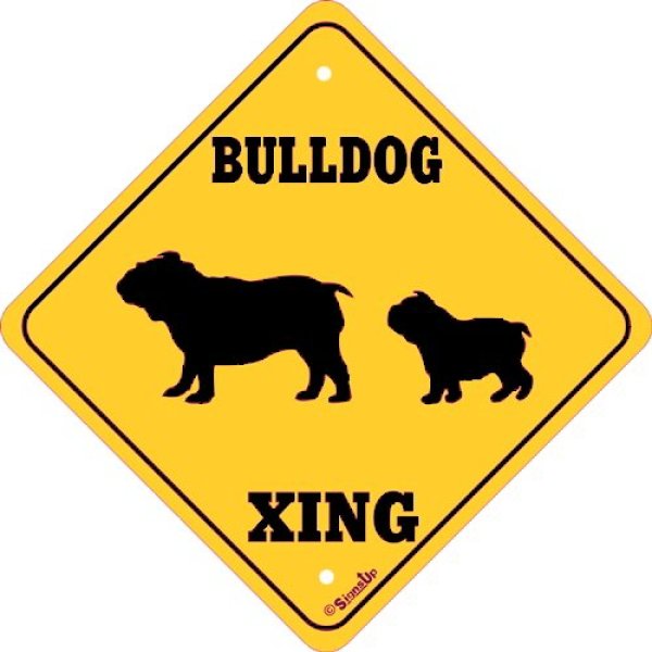 画像1: ブルドッグ(二頭) 横断注意 英語サインボード アメリカ輸入看板：BULLDOG XING [MADE IN U.S.A] (1)