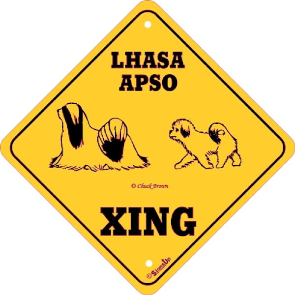 画像1: ラサアプソ(二頭) 横断注意 英語サインボード アメリカ輸入看板：LHASA APSO XING [MADE IN U.S.A] (1)