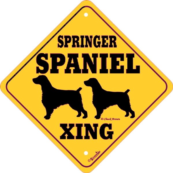 画像1: スプリンガースパニエル(二頭) 横断注意 英語サインボード アメリカ輸入看板：SPRINGER SPANIEL XING [MADE IN U.S.A] (1)