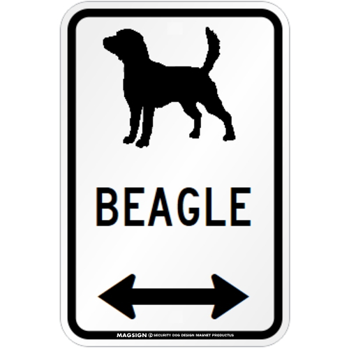 BEAGLE [MAGSIGN] シルエット＆矢印 アメリカン道路標識 英語犬種名 マグネット/ステッカー：ホワイト