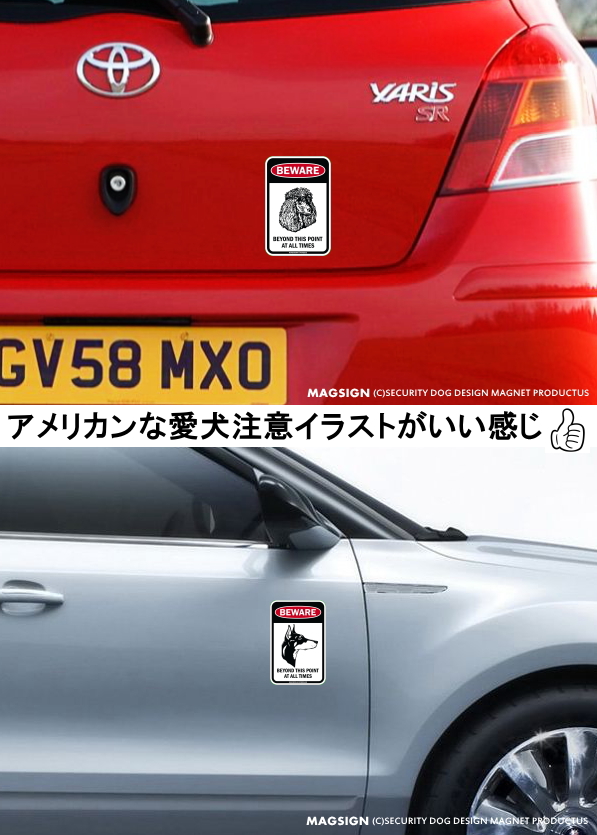 プードル,ドーベルマン,注意,車,自動車,マグネット,ステッカー,英語,ここから先,この先は,常に,いつも,何時も,常時