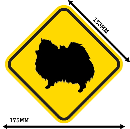 黄色い注意標識のマグネットサイン：ポメラニアン
