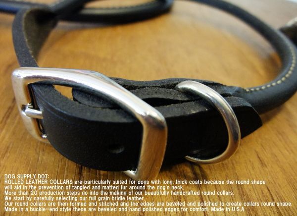 牛本革を丸めた犬首輪、ロールレザーカラー：ブラック
